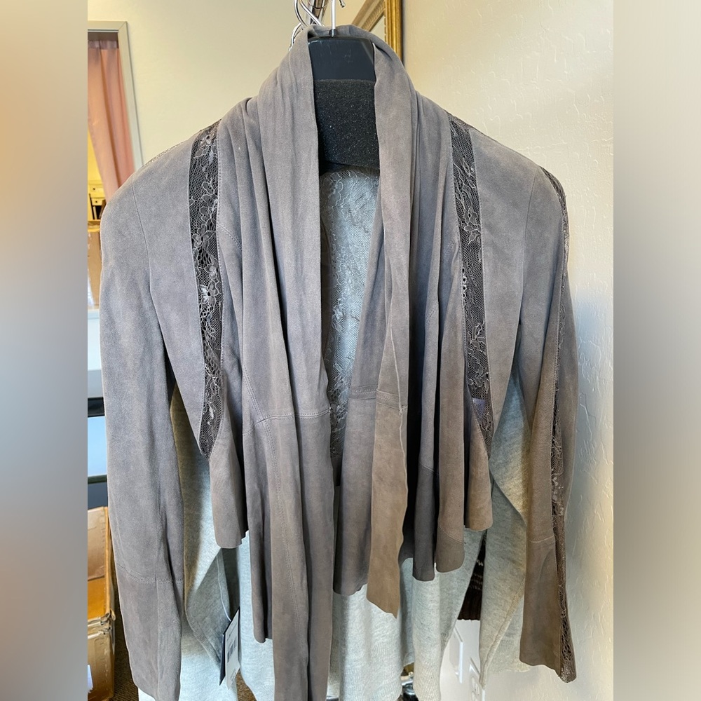 Haute Hippie Suede & Lace Panel Drape Shrug Jacket in Gray‎ Size XS $395